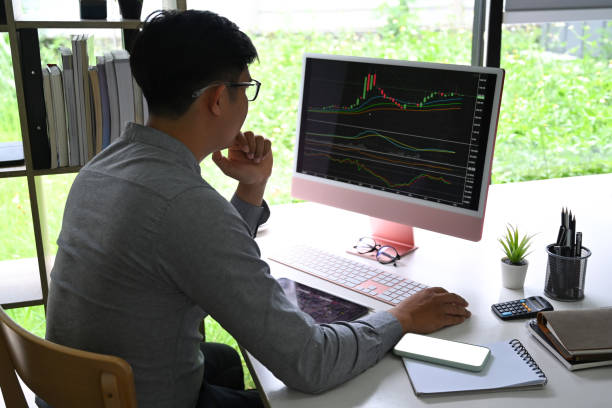 istock Businessman analyzing stock market investment on computer at 1336448121