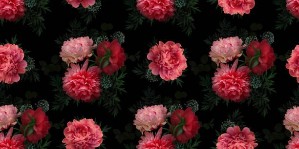 istock Pink flowers peonies on a black background. Floral seamless pattern. 1336449532