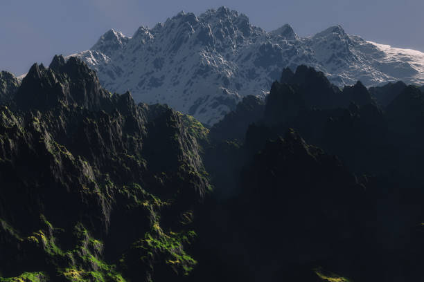 The sun on a snowy mountain with mist.