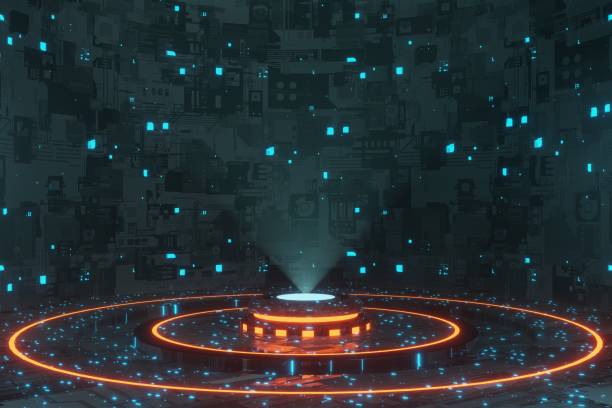 istock Futuristic Digital Technology hologram portal podium stage spaceship 3D rendering 1336450772