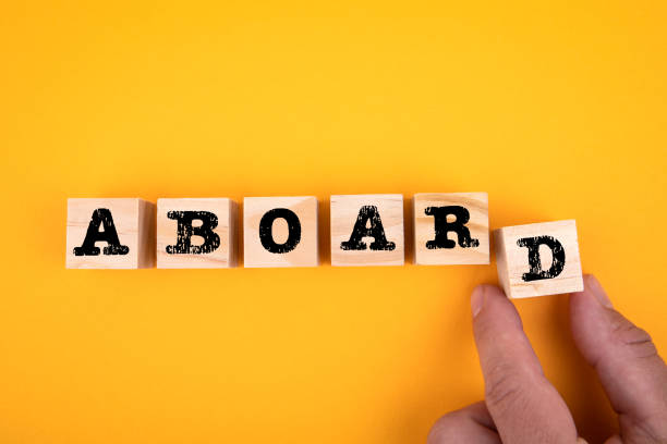 istock ABOARD concept. Wooden blocks and a man's hand on a yellow background 1336452123