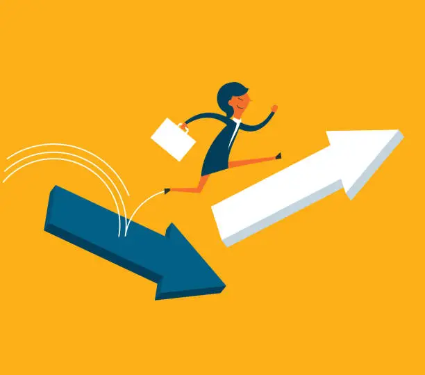 Vector illustration of Businesswoman jumping from falling arrow to rising arrow