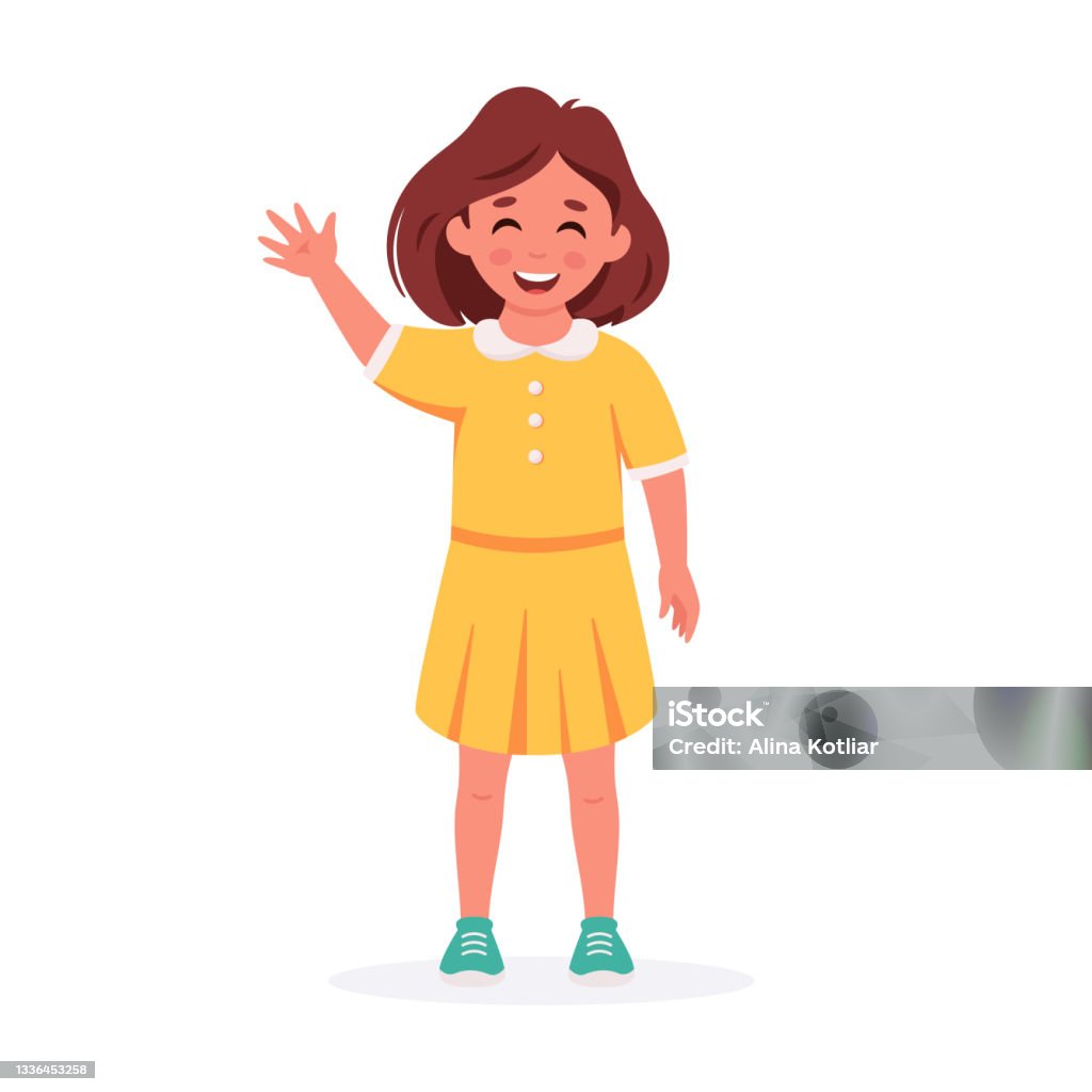 Cô Bé Mỉm Cười Và Vẫy Tay Cử Chỉ Chào Hỏi Học Sinh Tiểu Học Hình ...