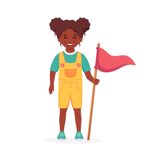 ilustraciones, imágenes clip art, dibujos animados e iconos de stock de chica negra con bandera. girl scout. camping, concepto de campamento de verano para niños. ilustración vectorial - one kid only illustrations