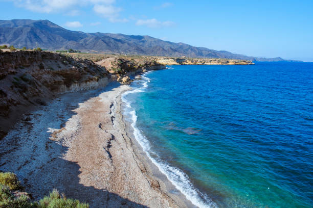 Playa Larga beach in Lorca, Spain a view over Playa Larga beach, in Lorca, in the Costa Calida coast, Region of Murcia, Spain, with the Calnegre mountain range in the background lorca stock pictures, royalty-free photos & images