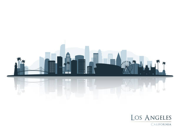 ilustrações de stock, clip art, desenhos animados e ícones de los angeles skyline silhouette with reflection. landscape los angeles, california. vector illustration. - city of los angeles los angeles county downtown district cityscape