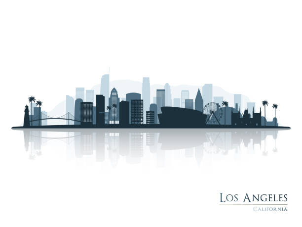 Los Angeles skyline silhouette with reflection. Landscape Los Angeles, California. Vector illustration. Los Angeles skyline silhouette with reflection. Landscape Los Angeles, California. Vector illustration. los angeles stock illustrations