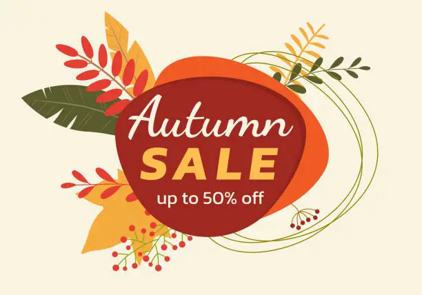 Vector illustration of Autumn sale banner or bade design with fall leaves and abstract geometric shapes. Promotion or discount card template. Vector illustration.