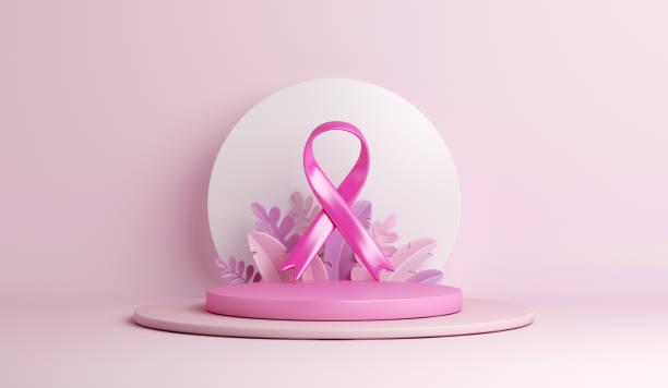 Breast cancer awareness ribbon with podium decoration background, copy space text, 3d rendering illustration Breast cancer awareness ribbon with podium decoration background, copy space text, 3d rendering illustration womens issues stock pictures, royalty-free photos & images