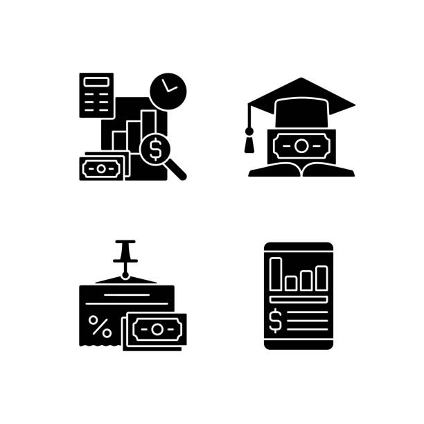 Investment black glyph icons set on white space Investment black glyph icons set on white space. Education loan. Money management. Financial literacy. Understanding finance and economy. Silhouette symbols. Vector isolated illustration financial literacy logo stock illustrations