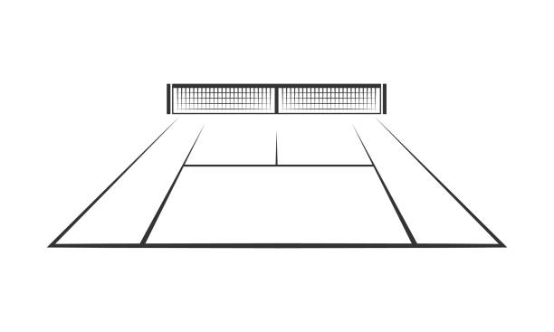 illustrazioni stock, clip art, cartoni animati e icone di tendenza di campo da tennis sul prato isolato su sfondo bianco - tennis silhouette back lit tennis ball