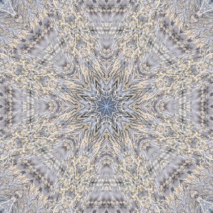 Luxurious interior decor in oriental style. Graphic digital silver background with kaleidoscope pattern. Background and texture