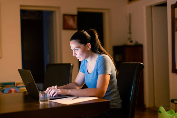 istock Woman working late night at home 1336465098