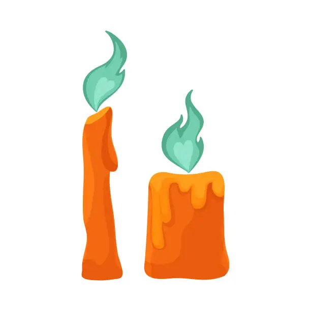 Vector illustration of Orange halloween candles with blue flame. Vector colorful illustration isolated on white background.