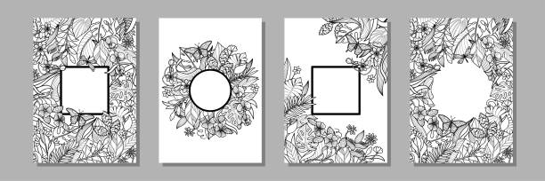 Templates set with tropical leaves and flowers. Exotic covers collection Templates set with tropical leaves and flowers. Exotic covers collection, floral A4 compositions for greeting cards, mock ups, coloring pages. banana borders stock illustrations