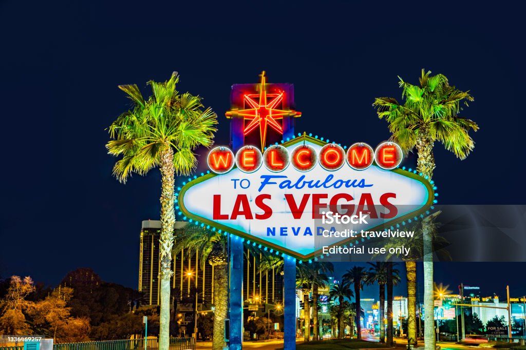 famous Las Vegas sign at city entrance, detail by night Las Vegas, USA - March 11, 2019: famous Las Vegas sign at city entrance, detail by night. Las Vegas Stock Photo