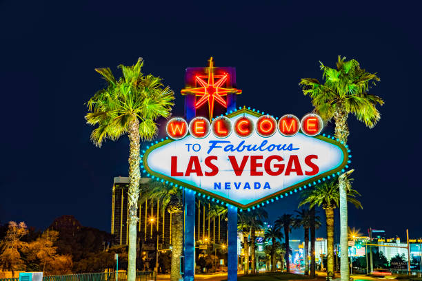 famous Las Vegas sign at city entrance, detail by night Las Vegas, USA - March 11, 2019: famous Las Vegas sign at city entrance, detail by night. nevada stock pictures, royalty-free photos & images