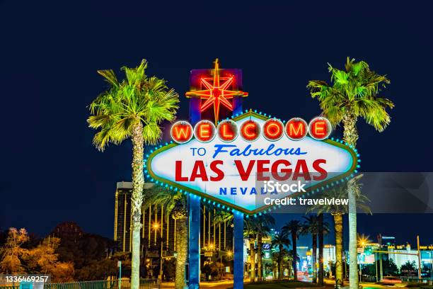 Famous Las Vegas Sign At City Entrance Detail By Night Stock Photo - Download Image Now