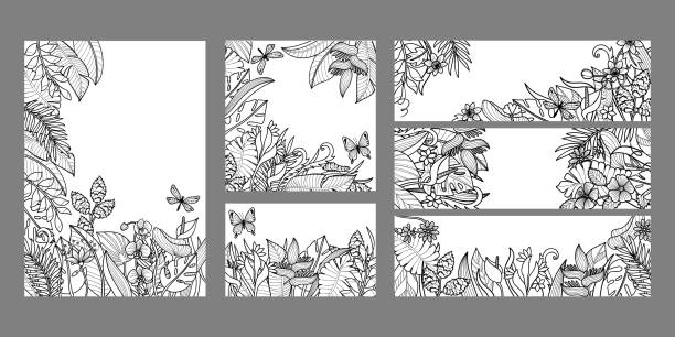 Templates set with tropical leaves and flowers. Exotic covers collection Templates set with tropical leaves and flowers. Exotic covers collection, floral A4 compositions for covers, greeting cards, flyers, coloring pages. banana borders stock illustrations