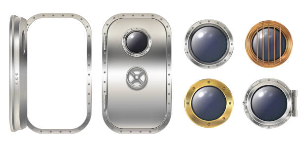 Porthole windows. Safe round metalic doors and spaceship illuminators decent vector steel window holes realistic Porthole windows. Safe round metalic doors and spaceship illuminators decent vector steel window holes realistic. Illustration porthole boat or illuminator submarine porthole stock illustrations