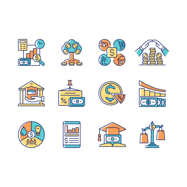 Financial literacy RGB color icons set Financial literacy RGB color icons set. Compare prices. Plan budget. Money management. Understanding finance and economy. Isolated vector illustrations. Simple filled line drawings collection financial literacy logo stock illustrations
