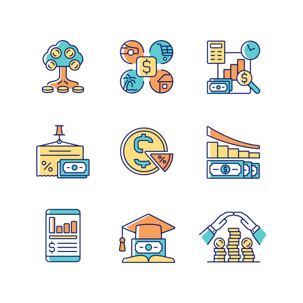 Finance RGB color icons set Finance RGB color icons set. Money investment. Business report. Project revenue. Financial literacy. Understanding economy. Isolated vector illustrations. Simple filled line drawings collection financial literacy logo stock illustrations