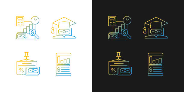 Investment gradient icons set for dark and light mode Investment gradient icons set for dark and light mode. Education loan. Financial literacy. Thin line contour symbols bundle. Isolated vector outline illustrations collection on black and white financial literacy logo stock illustrations