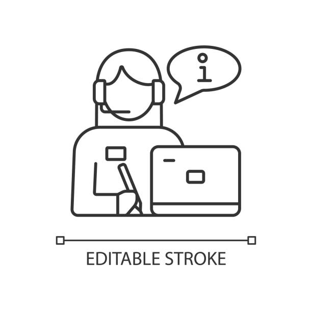Receptionist RGB linear icon Receptionist RGB linear icon. Greeting guests and visitors. Answer phone calls. Lobby front desk. Thin line customizable illustration. Contour symbol. Vector isolated outline drawing. Editable stroke drawing of the hotel reception stock illustrations