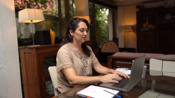 istock Woman using laptop working or studying at home 1336473906