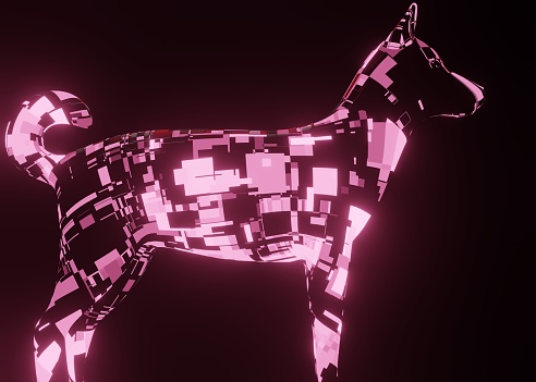 3d rendering illustration of a futuristic mechanical dog in a dark black background with them boom effect for the purpose of advertisement and commercial use