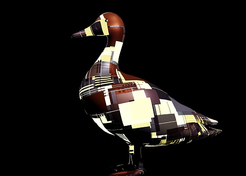 3d rendering of a futuristic mechanical duck in a dark black background with a effect of boom for the purpose of advertisement and commercial use