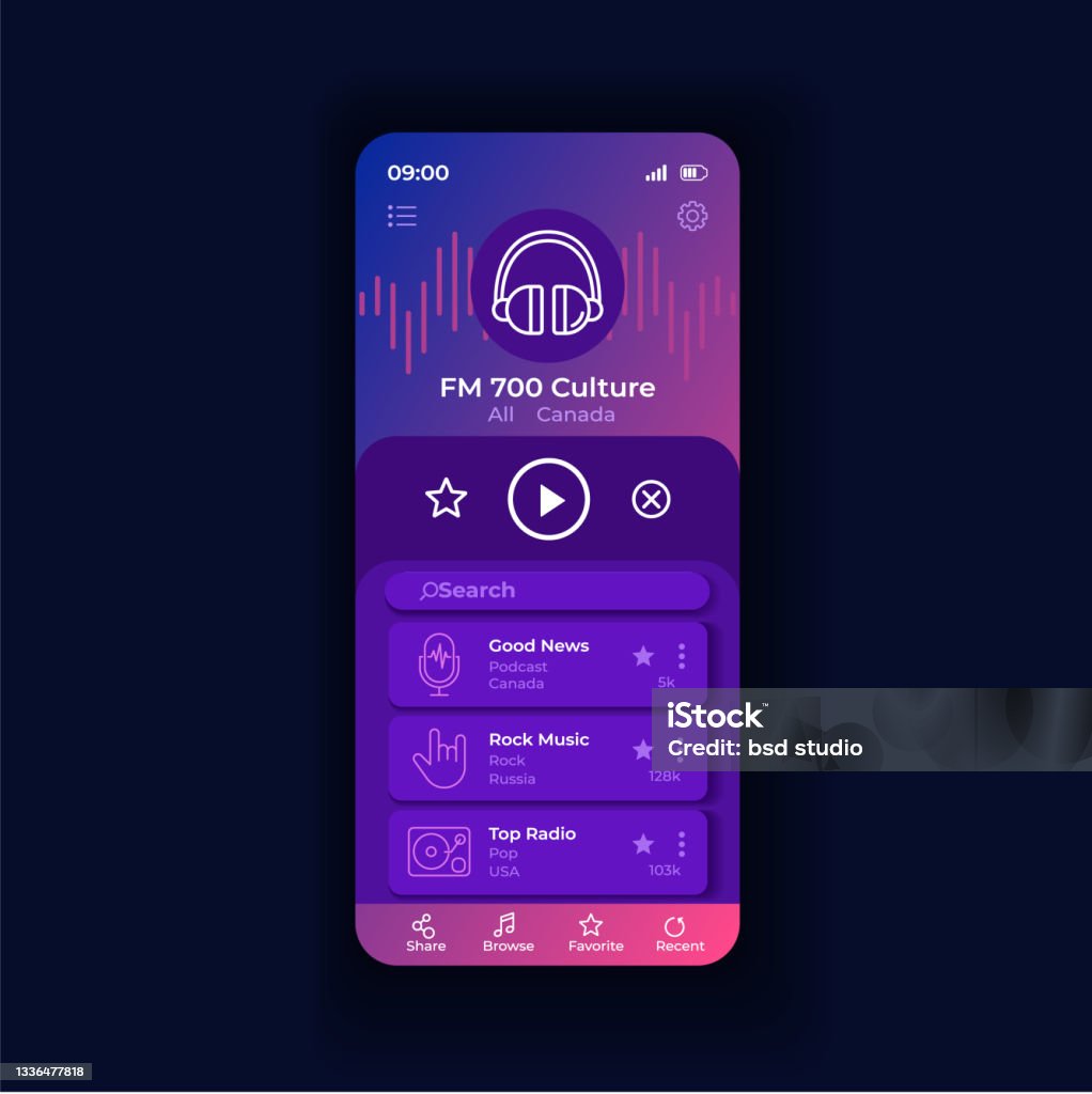 Radio Side Radio Appliation Night Smartphone Interface Vector Template Stock ...