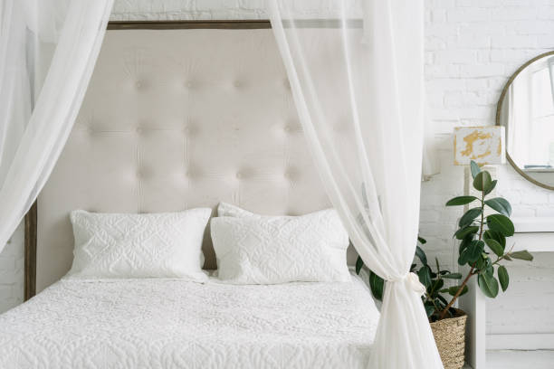 istock Home bedroom interior, closeup at bed design. 1336479118