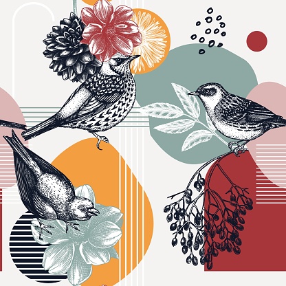 Collage style seamless pattern design. Hand-sketched bird on dahlia flower. Trendy background with botanical, geometric shapes, and abstract elements. Perfect for print, wrapping paper, packaging