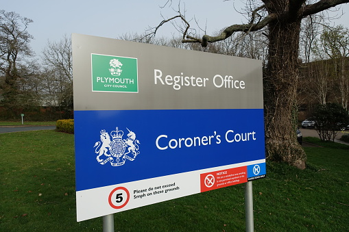 Plymouth England. Large public sign for the Coroner's Court and Register Office for Births, deaths and marriages