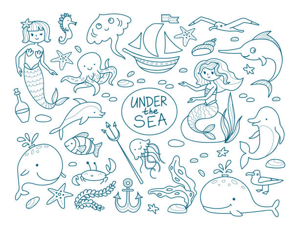 ilustraciones, imágenes clip art, dibujos animados e iconos de stock de bajo el conjunto de ilustraciones del mar - dolphin animal sea underwater