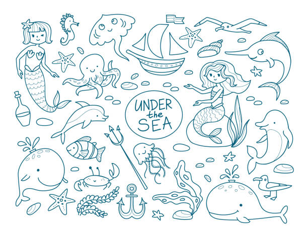 Under the sea illustration set Big set with cute mermaids and inhabitants of the sea depths. Dolphin, whale, starfish, seahorse, seaweed, clownfish, jellyfish, crab. Vector illustration in linear style. mermaids underwater drawing stock illustrations