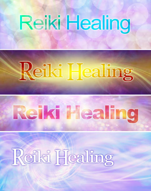 four wide multicoloured banners each with the words REIKI HEALING and copy space