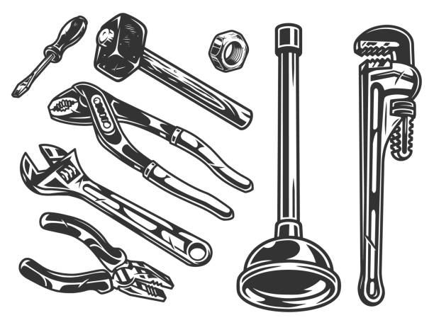 narzędzia hydraulika kompozycja vintage - adjustable pliers stock illustrations