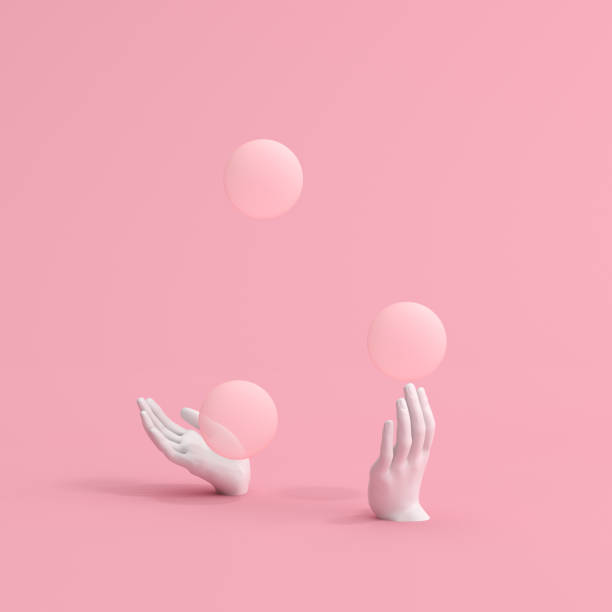 3d rendering of juggling balls with white hands sculpture on pink background.