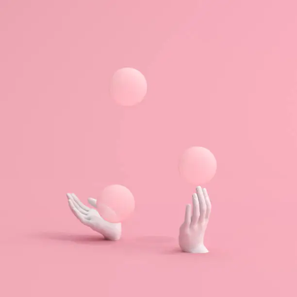 3d rendering of juggling balls with white hands sculpture on pink background.