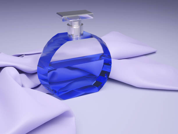 Perfume in a glass flat transparent bottle. 3D render. Eau de toilette is blue on a blue stage with fabric.