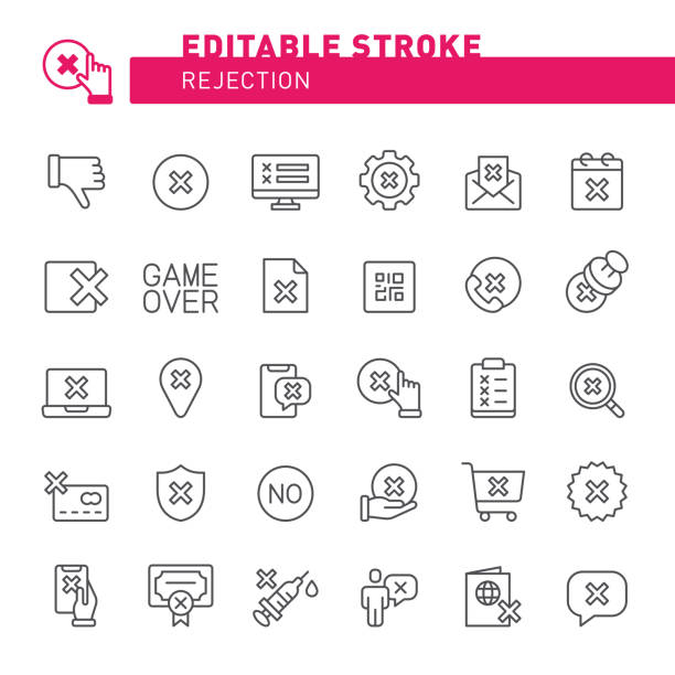 Rejection Icons Reject, approval, agreement, tick, stamp, icon, icon set, thumbs down, check mark, editable stroke, outline rejection icon stock illustrations