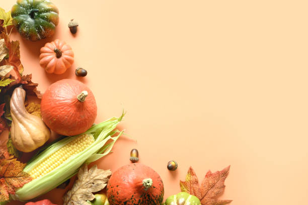 istock Holiday Thanksgiving Day composition with fall harvest, pumpkins, corncob, colorful falling leaves. 1336486618