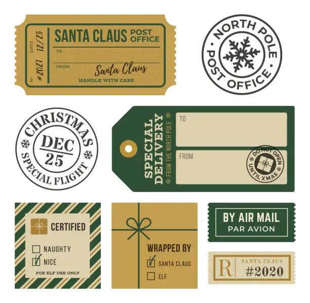 Vector illustration of Christmas Gift Tags and Mailing Labels Rubber Stamps.