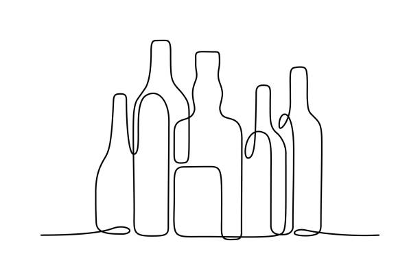 Alcoholic drinks collection Bottles of different shapes in continuous line art drawing style.  Liquor store, bar or pub establishment minimalist black linear sketch isolated on white background. Vector illustration beer bottle illustrations stock illustrations