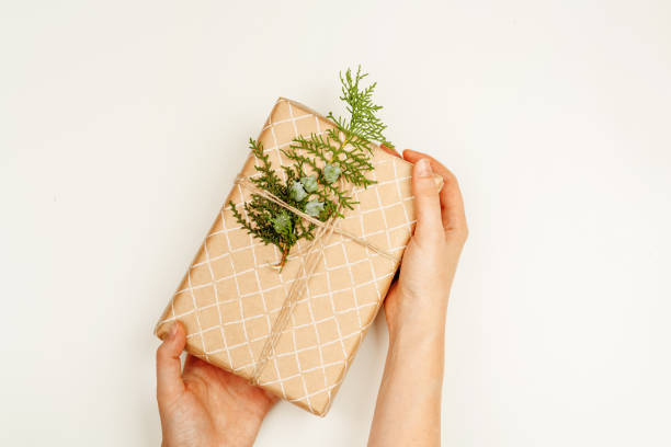 istock Wrapped Christmas gift in woman hands above white background 1336490839