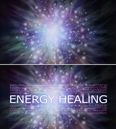 dark purple and green spiritual sparkling feather background with an ENERGY HEALING word cloud and copy space
