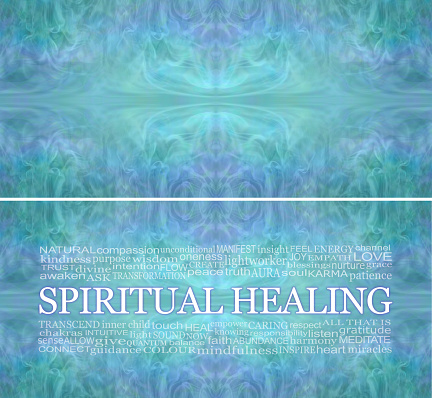 metaphysical energy field background with a SPIRITUAL HEALING word cloud and copy space
