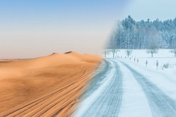 istock Climate change transition from summer desert heat to winter snow 1336491617